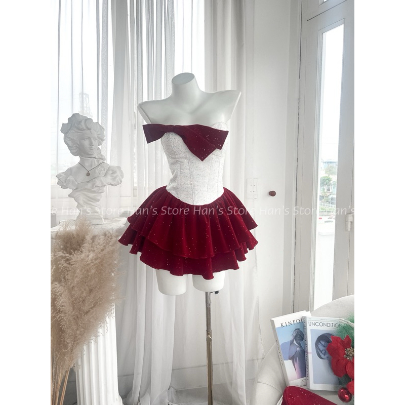 [HAN’S STORE]VÁY BLING BLING PHỐI NƠ TẶNG KÈM NÓN NỒI BLING BLING CÓ GỌNG ĐỊNH FORM VÀ MÚT NGỰC NOEL