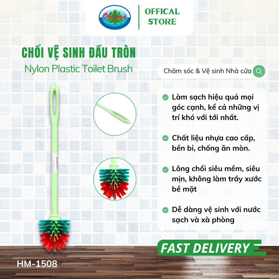Cọ Bồn Cầu Toilet Đầu Tròn Ohiama Plastic Round Toilet Brush HM-1508, Bàn Chải Nhà Vệ Sinh, Tết