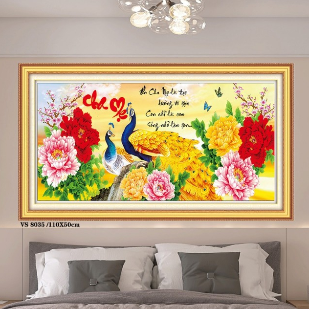 TRANH ĐÍNH ĐÁ, Tranh thêu chữ thập Cha Mẹ công mẫu đơn VS052 VS8035 |110x50cm| -chưa đính