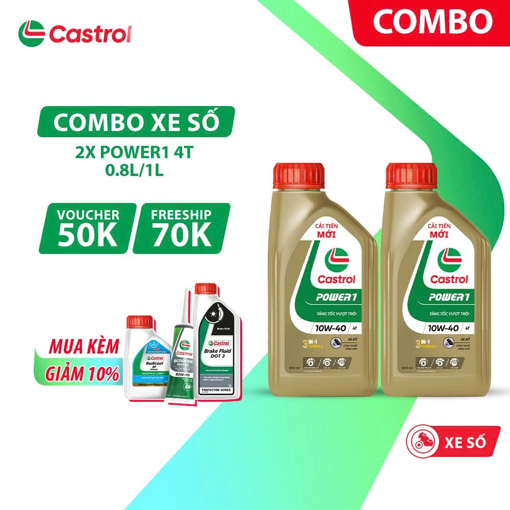 ( combo 2 chai xe số) Dầu nhớt Castrol Power 1 4T 10W-40 0.8L/1L cho xe số - castrol vàng
