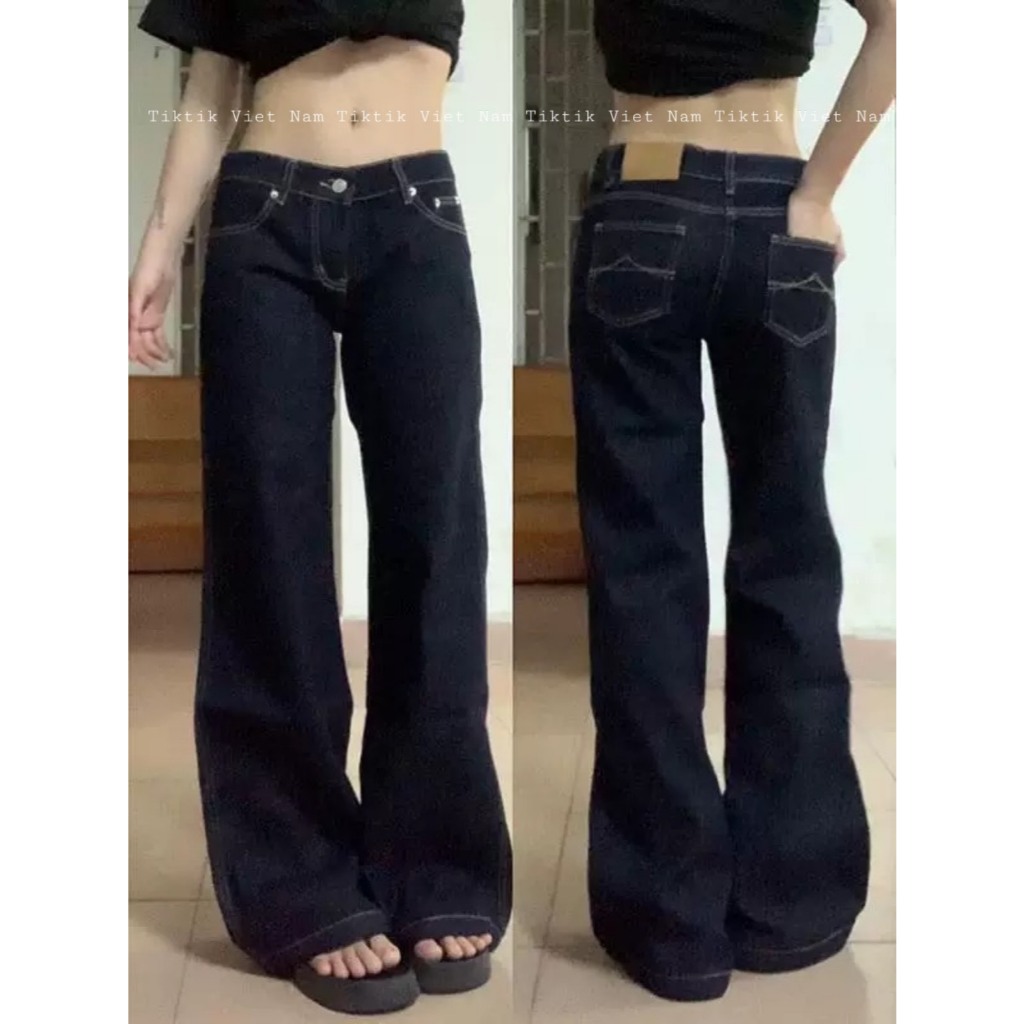 (sẵn XL cao) Quần jean cạp trễ ống suông màu xanh đen