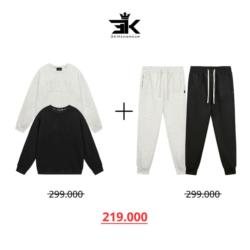 Bộ nỉ thể thao 1977 3KMENSWEAR chất liệu nỉ hai da, quần áo hình in dập nổi chìm cho from 50-85kg