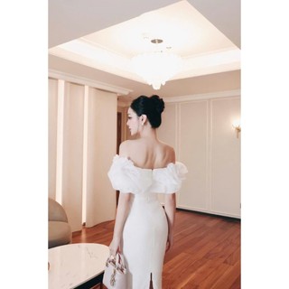  Đầm dự tiệc body dáng dài trễ vai phối bèo màu trắng màu đen sang chảnh D1008 