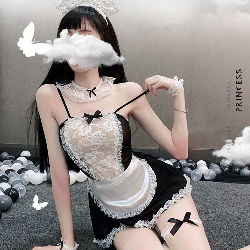 Set đồ ngủ nữ kiểu váy đầm 2 dây cosplay nàng người hầu gái sexy DK09 phối ren gợi cảm quyến rũ | BigBuy360 - bigbuy360.vn