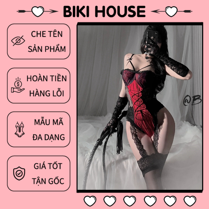 Cosplay thỏ bông đen đỏ bunny hư hỏng quyến rũ bodysuit đồ lót liền thân phối ren siêu dễ thương gợi cảm BIKI HOUSE N837