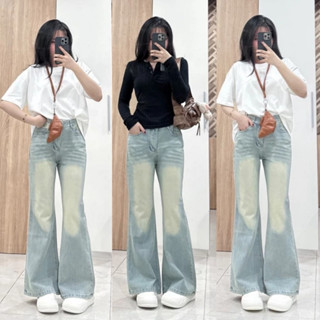 Quần jean nữ ống loe CẠP CAO chất jean mềm không phai lưng cao MIAA, quần bò dáng loe rộng không ôm bigsize màu xanh