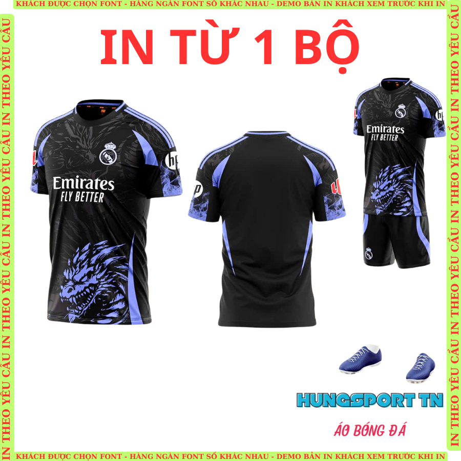 Real Madrid rồng đen, quần áo bóng đá, đồ đá banh in tên, in nhiệt không bong tróc, sắc nét , bền mà