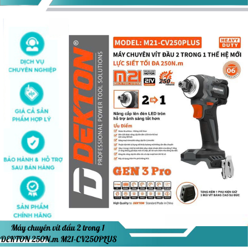 Máy chuyên vít đầu 2 trong 1 dùng pin Dekton M21-CV250PLUS lực siết 250Nm