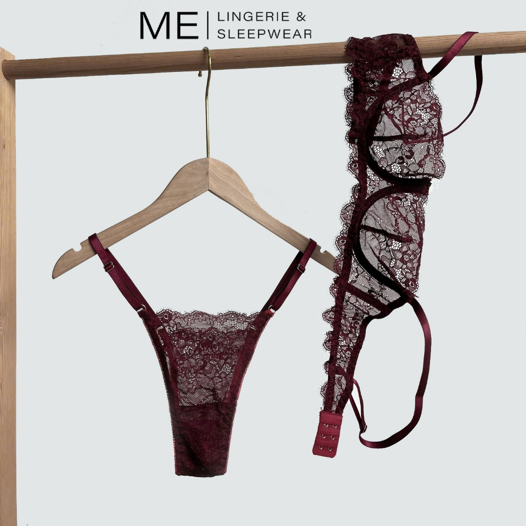 Bộ đồ lót ren nữ 3 chi tiết áo không lót 1 lớp xuyên thấu có gọng ngang quần dây và đai ren mi đỏ cherry Me Me Lingerie | BigBuy360 - bigbuy360.vn