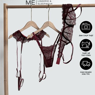 Bộ đồ lót ren nữ 3 chi tiết áo không lót 1 lớp xuyên thấu có gọng ngang quần dây và đai ren mi đỏ cherry Me Me Lingerie