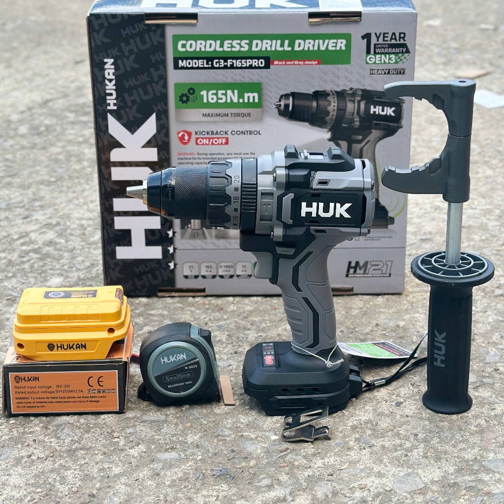 MẪU MỚI Máy Khoan Pin 13mm Hukan HUK F165 Pro Tặng Thước Đo Lực Siết 165N Anti Kickback, Tạo Xung , 