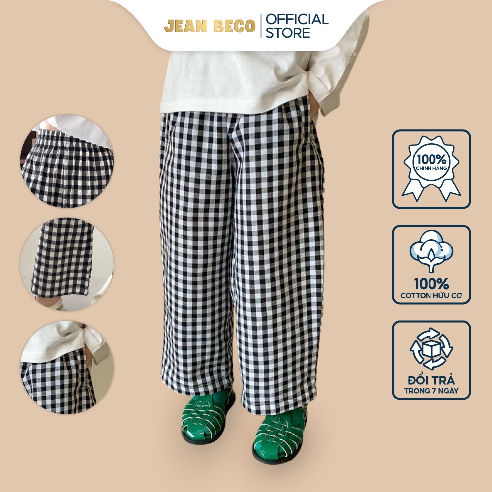 Quần suông kẻ Karo JEANBECO, quần ống rộng cho bé gái và bé trai mặc 4 mùa phong cách Hàn quốc QK25