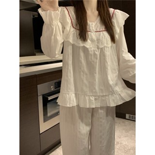  Bộ ngủ dài tay cotton pijama đồ mặc nhà nữ bigsize bộ bầu cổ ren đáng yêu cute tiểu thư bánh bèo đẹp đáng yêu 136 D-2 