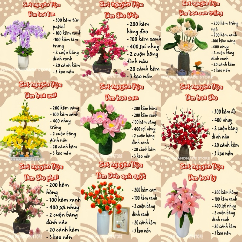 Set nguyên liệu làm hoa Tết kẽm nhung đầy đủ phụ kiện - Diy