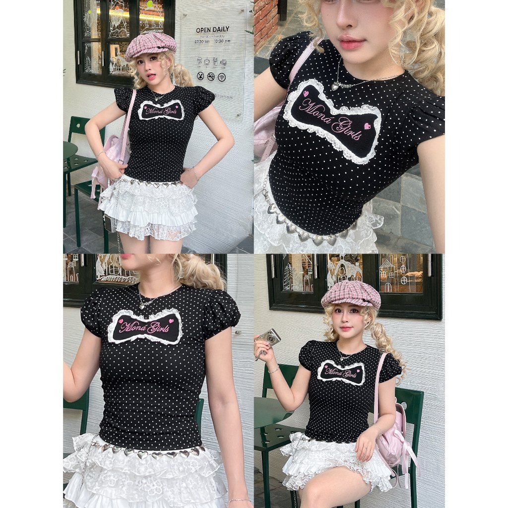 Áo thun babytee nữ MONÁ tay bồng cổ tròn hoạ tiết chấm bi thêu Moná Girls - HAMIE TOP | BigBuy360 - bigbuy360.vn