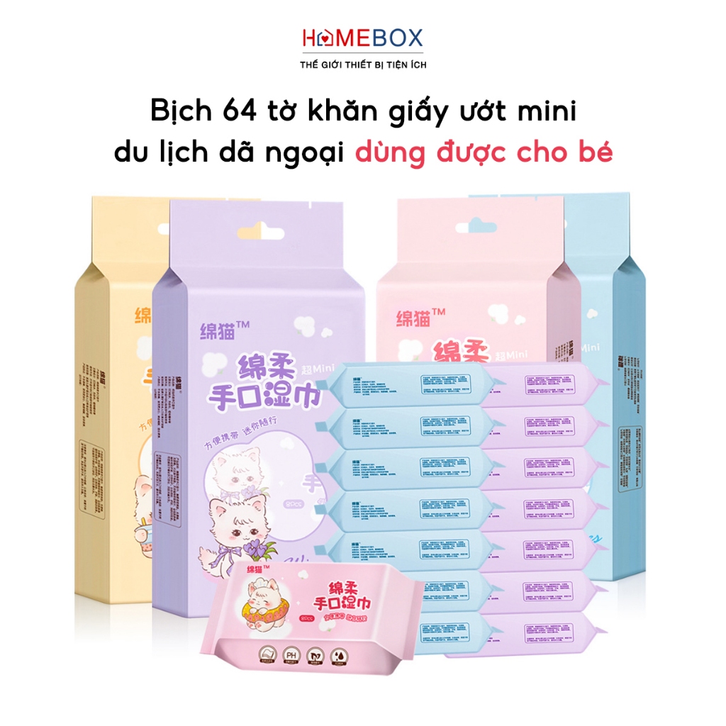 Gói 64 Khăn Giấy Ướt Mini Bỏ Túi Giấy Ướt Đa Năng Dùng Được Cho Bé Trẻ Sơ Sinh Du Lịch