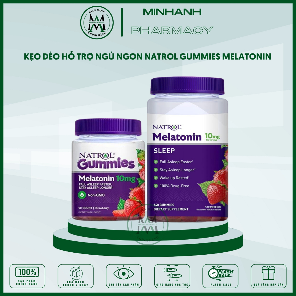 Kẹo Dâu Natrol Gummies Melatonin giúp hỗ trợ người mất ngủ ngủ ngon hơn sâu giấc hơn