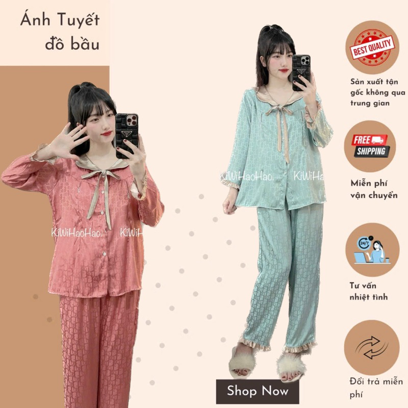 Bộ Lụa Bầu Cổ Nơ Mặc Bầu Sau sinh 2in1. Áo Có Khóa Cho Bé TuTi - Quần Có Chun Rút Tùy Chỉnh To Nhỏ Tiện Dụng