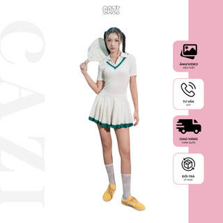  Cazi Doris Dress - Váy cộc tay phối bo cổ chân xoè xếp ly phối 