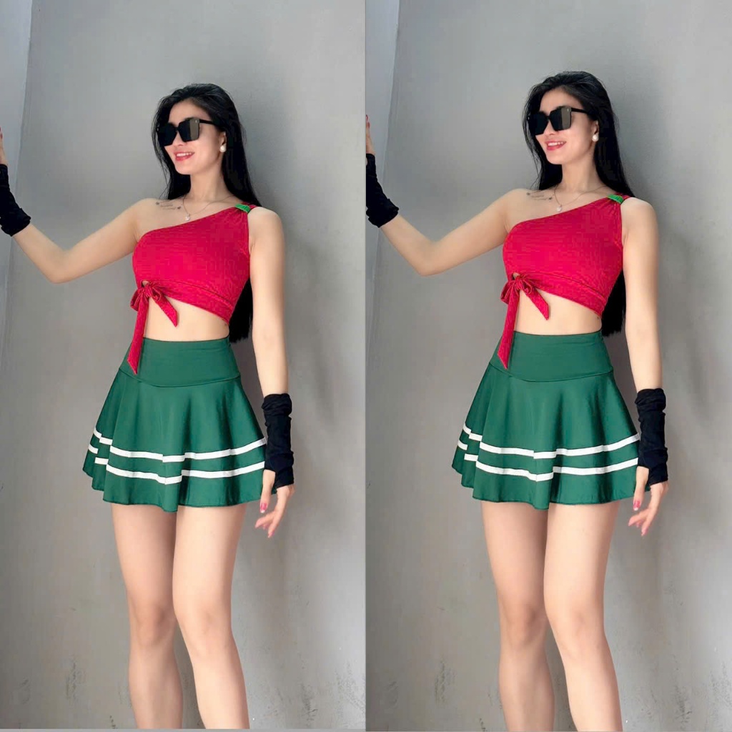 Set váy tầng phối áo lệch vai tập Gym Yoga Aerobic