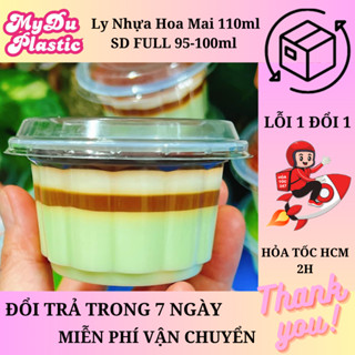 100 Ly Nhựa PP Bông Mai 110ml (CHỊU NHIỆT) + Nắp Nhựa PET ( KO CHỊU NHIỆT) SD Đầy 95-100ml