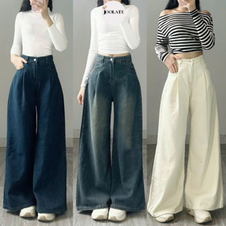 Quần Jean ly gấu Joolate mác da ống rộng dáng suông dài chất mềm mịn