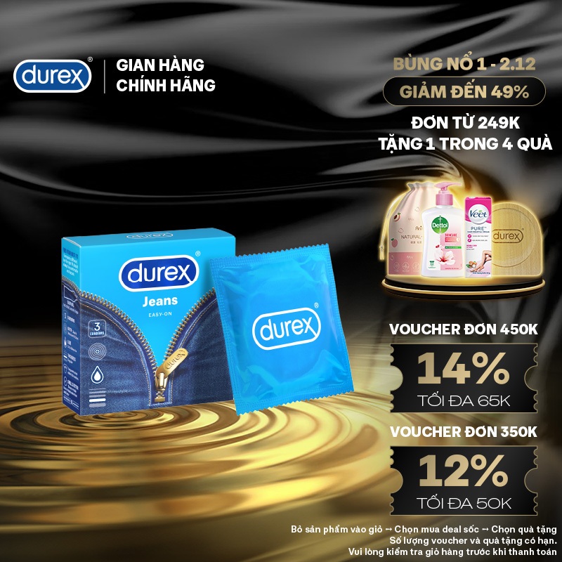 Durex Jeans Cơ Bản, Bôi Trơn, Size 52.5Mm, Hộp 3 Bao