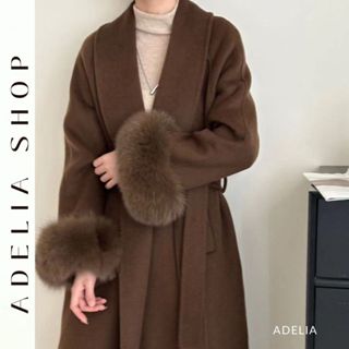 「ADELIA」Áo Dạ Ép Cao Cấp Tay Lông Cáo Dáng Dài Cổ Khăn Chất Lông Cừu Mịn TD594
