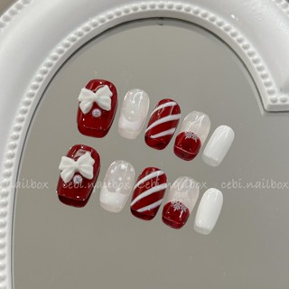  Móng úp nailbox thiết kế c921 màu đỏ noel dáng ngắn đính nơ dễ thương bông tuyết cebi.nailbox 