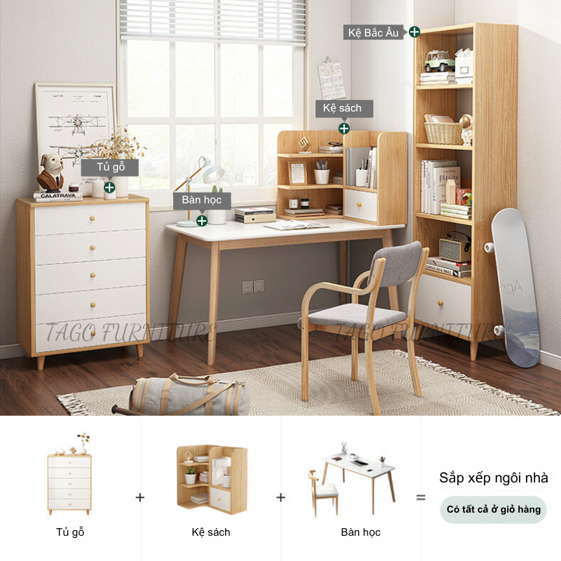 Kệ sách gỗ màu óc chó để sàn FULL HẬU phong cách Bắc Âu nhiều lắp ghép dễ dàng gỗ MDF phủ Melamine | BigBuy360 - bigbuy360.vn