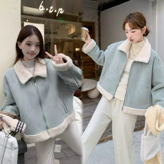 Áo khoác da lộn phối lông cao cấp, Áo khoác lông cừu nữ 1 lớp dày dặn hàng Quảng Châu mẫu mới