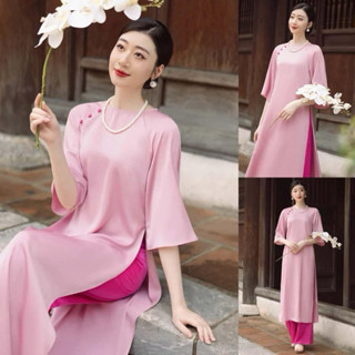 Set áo dài cách tân dáng suông cổ tròn đính cúc có big size ( kèm quần)