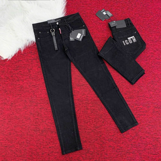 Quần jean bò nam Dsq2 4 cúc khắc chữ hãng đen trơn basic mông in chữ icon viền trắng đính móc khoá dệt chữ hãng 7178