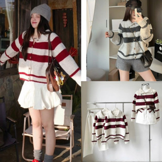 [NEW]Áo len cardigan lông cổ bẻ kẻ đỏ/kẻ xám CÚC GỖ chất dày dặn siêu xinh hàng QC