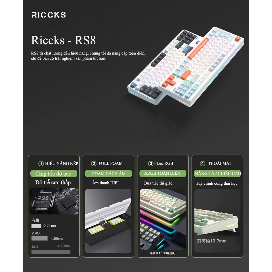 RICCKS RS8 V2 - Bàn phím cơ RICCKS RS8 V2 HIFI Mạch Xuôi , RGB , 3 MODE , QMK/VIA Chính Hãng BH | BigBuy360 - bigbuy360.vn