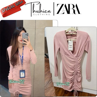 (Chính hãng size XS)Váy mini ZARA 2342/636/687 hồng nhạt bo chun rút thân đệm vai(kèm ảnh thật)