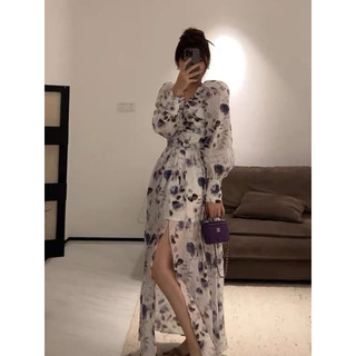 ĐẦM MAXI TƠ HOA CỔ V NHÚN TAY DÀI A.S.H.Y.L.E.Y - kèm ảnh thật cận chất