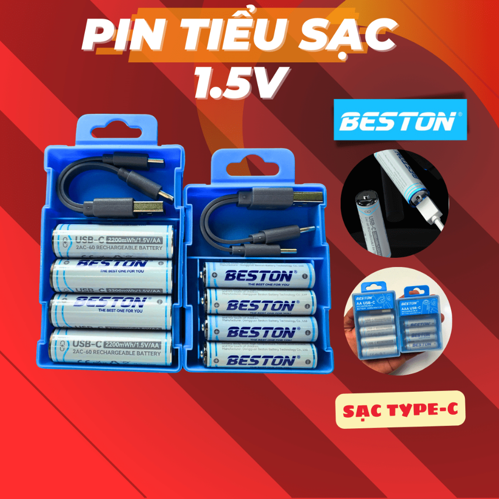 Pin AA và AAA sạc 1.5v tái sử dụng sạc nhanh tự ngắt khi đầy dung lượng lớn sạc pin bằng type-c