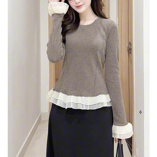 Áo Thun Cổ Tròn Phối Ren, Áo Dài Tay Viền Bèo Thu Đông