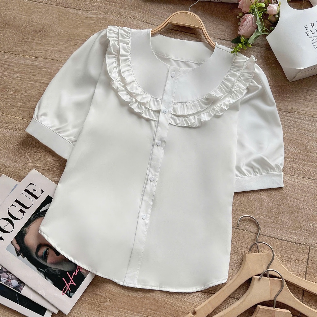Áo sơ mi nữ cổ tròn phối bèo cổ tiểu thư chất lụa mềm mịn -Gloria Shop H5