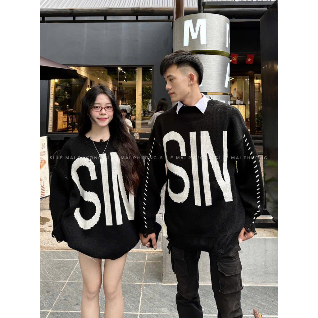 Áo Len Sweater LOGO SIN Form rộng Unisex Dáng Hàn Quốc Chất Len long thỏ mềm mịn Không Xù Hot Trend 2024