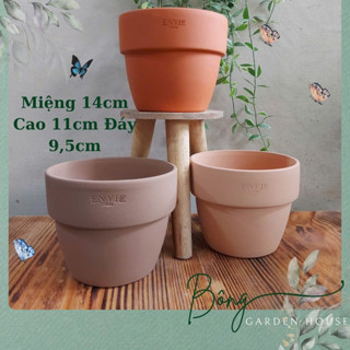 Chậu trồng cây, Chậu đất nung gờ bầu Envie 3 màu Bông Garden House size 14cm