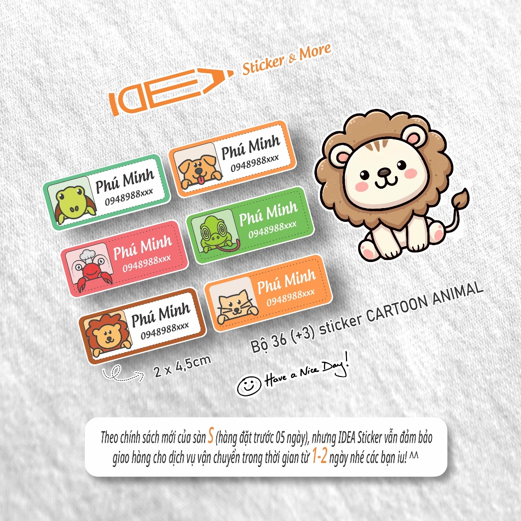 Bộ 36 (+3) sticker CARTOON ANIMAL ủi áo, dán bình sữa, đồ dùng học tập - In theo tên bé