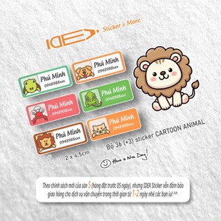 Bộ 36 (+3) sticker CARTOON ANIMAL ủi áo, dán bình sữa, đồ dùng học tập - In theo tên bé