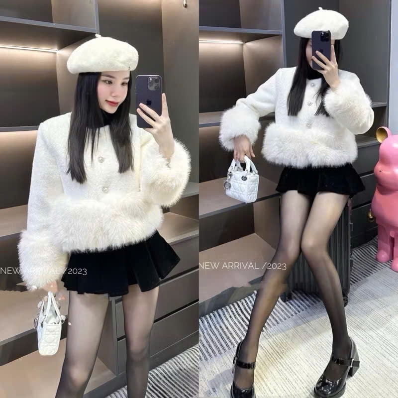 (Hàng QCCC) Áo khoác dạ dáng ngắn phối viền lông thỏ mềm mịn khuy ngọc phong cách sang chảnh | BigBuy360 - bigbuy360.vn