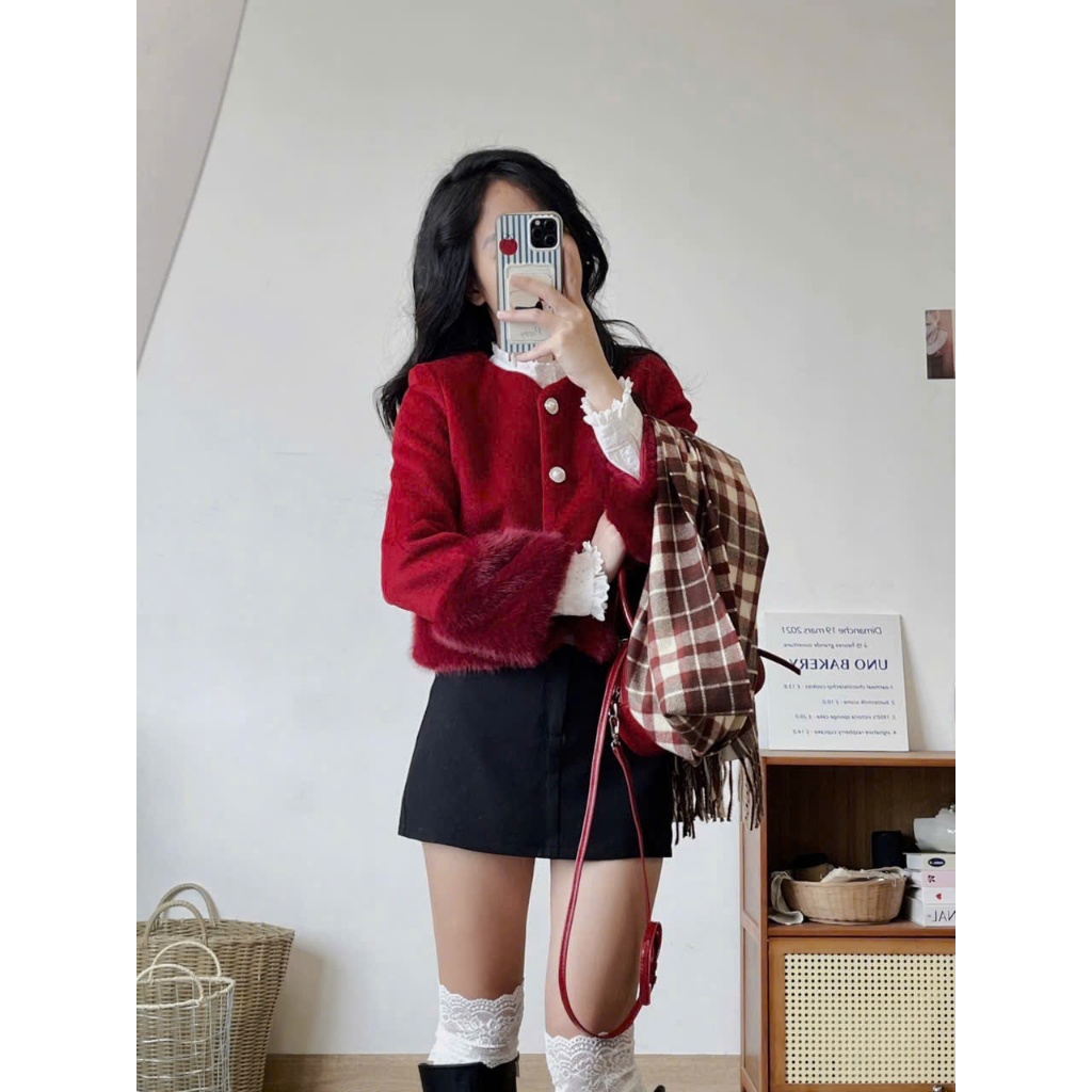 (Hàng QCCC) Áo khoác dạ dáng ngắn phối viền lông thỏ mềm mịn khuy ngọc phong cách sang chảnh | BigBuy360 - bigbuy360.vn