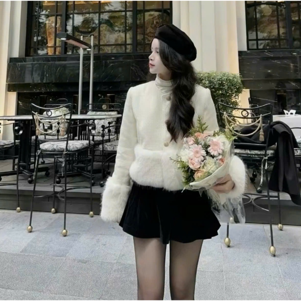 (Hàng QCCC) Áo khoác dạ dáng ngắn phối viền lông thỏ mềm mịn khuy ngọc phong cách sang chảnh | BigBuy360 - bigbuy360.vn