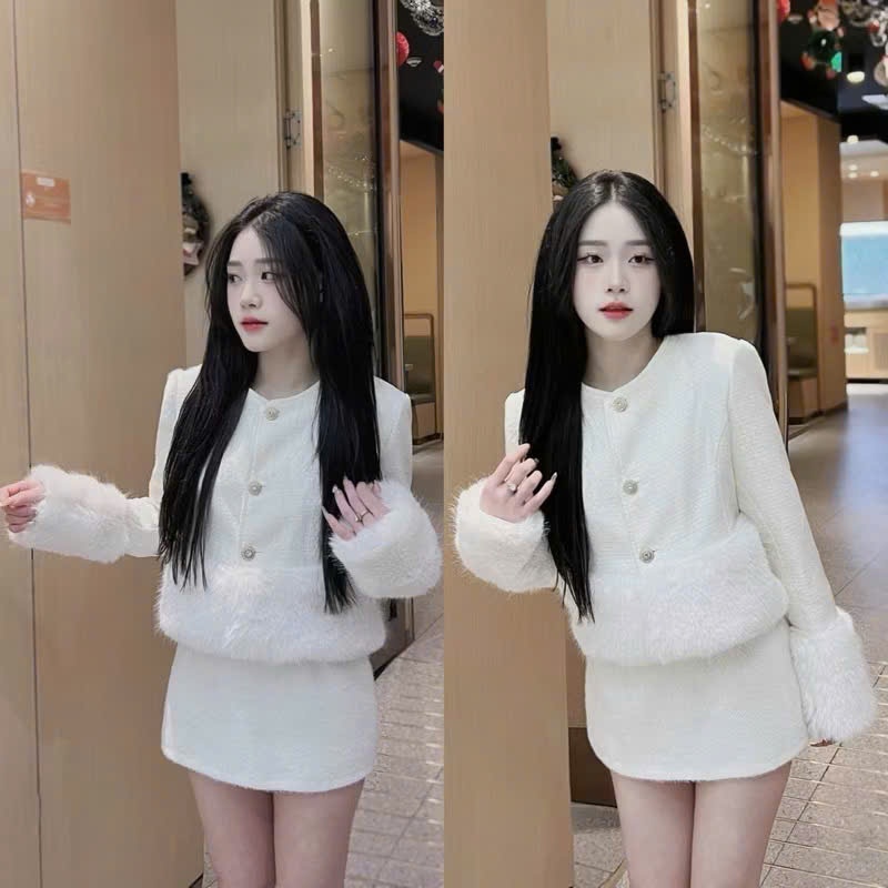 (Hàng QCCC) Áo khoác dạ dáng ngắn phối viền lông thỏ mềm mịn khuy ngọc phong cách sang chảnh | BigBuy360 - bigbuy360.vn