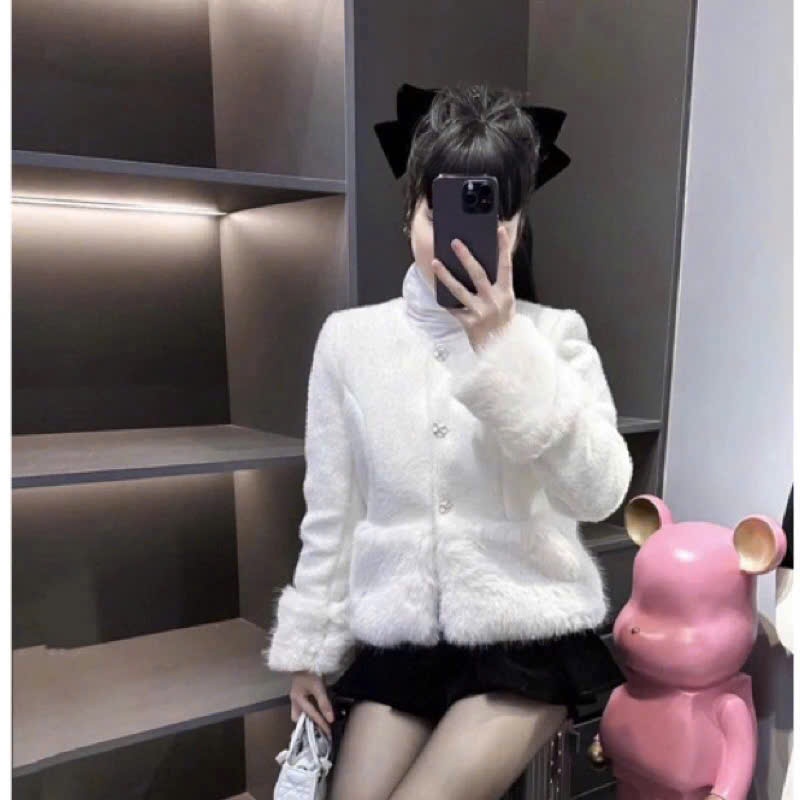 (Hàng QCCC) Áo khoác dạ dáng ngắn phối viền lông thỏ mềm mịn khuy ngọc phong cách sang chảnh | BigBuy360 - bigbuy360.vn