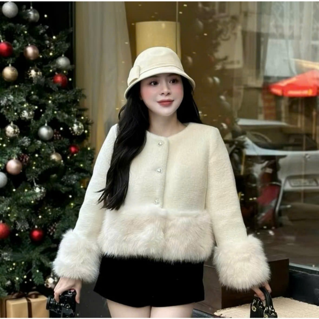 (Hàng QCCC) Áo khoác dạ dáng ngắn phối viền lông thỏ mềm mịn khuy ngọc phong cách sang chảnh | BigBuy360 - bigbuy360.vn